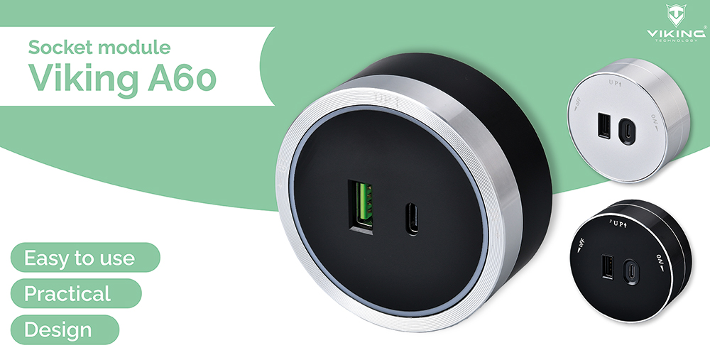 Viking zásuvkový modul A60, 1x USB-A, 1x USB-C, PD, černá