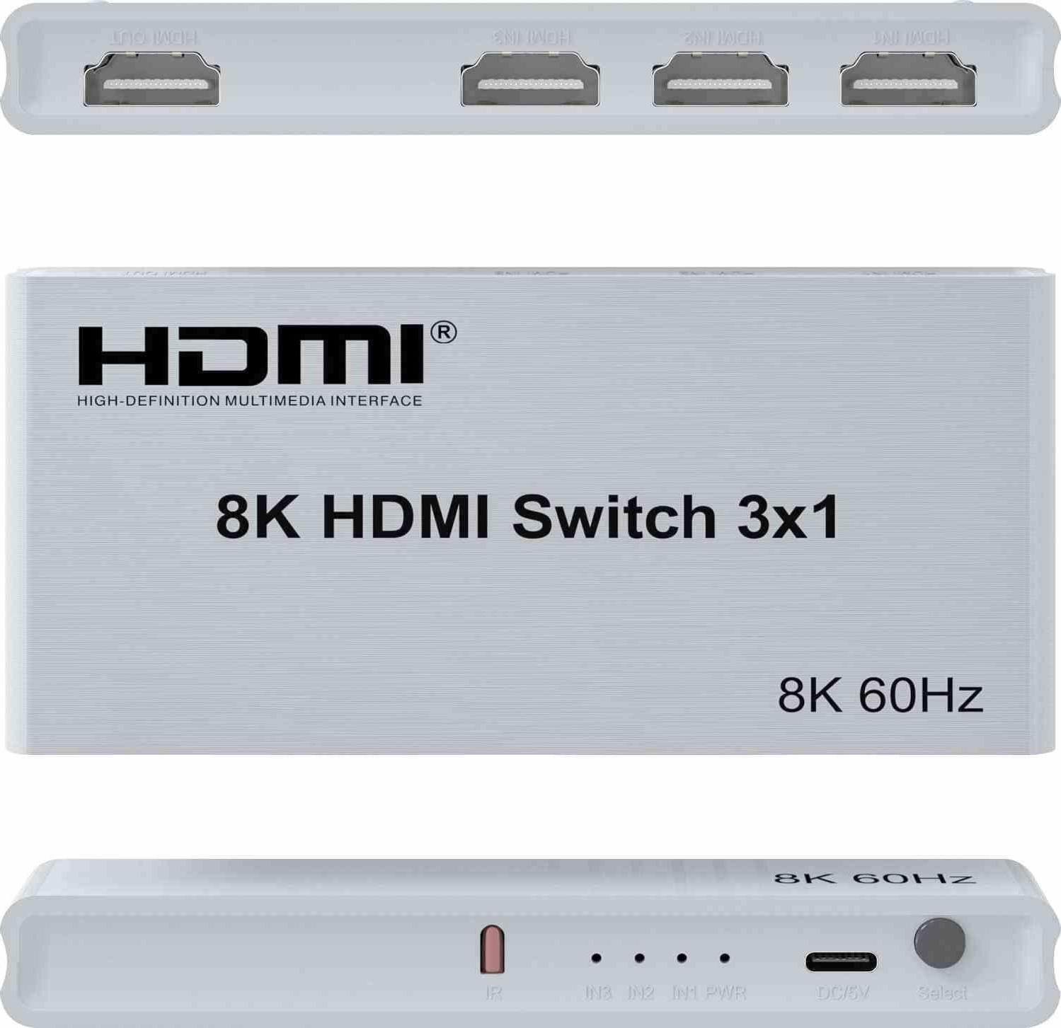 PremiumCord 8K@60Hz, 4K@144Hz HDMI switch 3:1 s dálkovým ovladačem