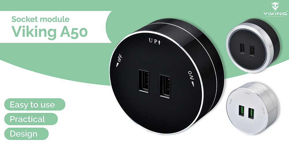 Viking zásuvkový modul A50, 2x USB-A, stříbrná