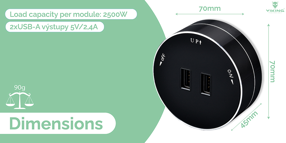 Viking zásuvkový modul A50, 2x USB-A, stříbrná