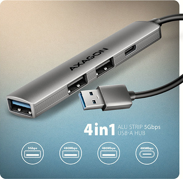 AXAGON HUE-STA, 4x USB ALU STRIP hub, 1x USB-A 5Gbps, 2x USB-A & 1x USB-C 480Mbps, kábel USB-A 12cm