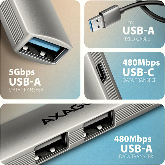 AXAGON HUE-STA, 4x USB ALU STRIP hub, 1x USB-A 5Gbps, 2x USB-A & 1x USB-C 480Mbps, kábel USB-A 12cm