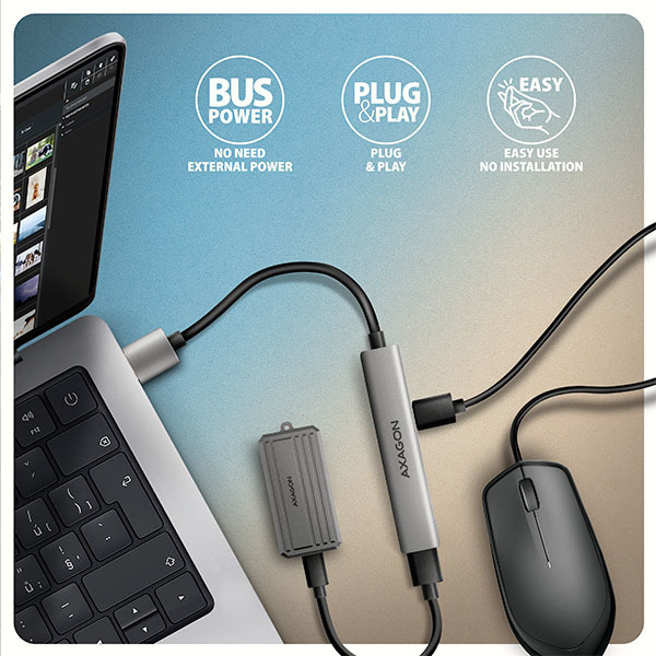 AXAGON HUE-STA, 4x USB ALU STRIP hub, 1x USB-A 5Gbps, 2x USB-A & 1x USB-C 480Mbps, kábel USB-A 12cm