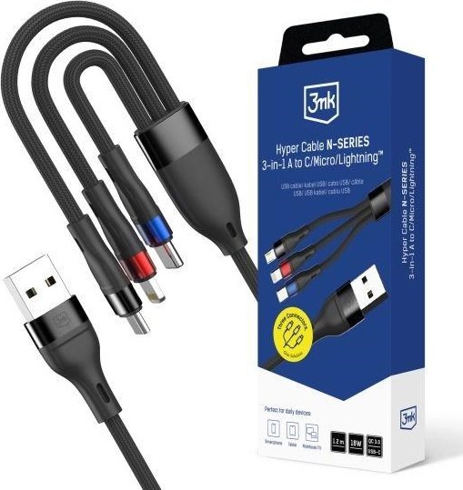 3mk kabel Hyper Cable N-SERIES A to C/Lightning/Micro 1.2m 9V/2A 18W QC3.0 Black