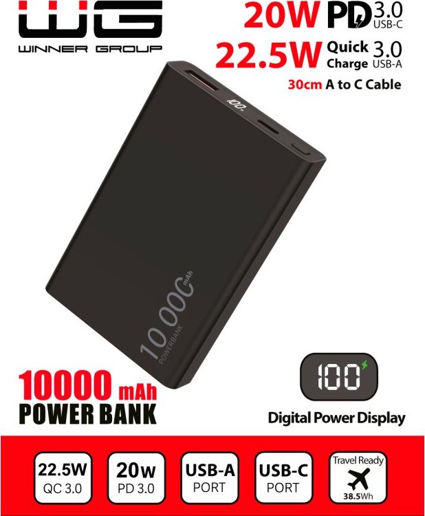 Winner Group WG - Power Bank 10000 mAh, USB-C PD 20W + USB-A 22.5W, černá