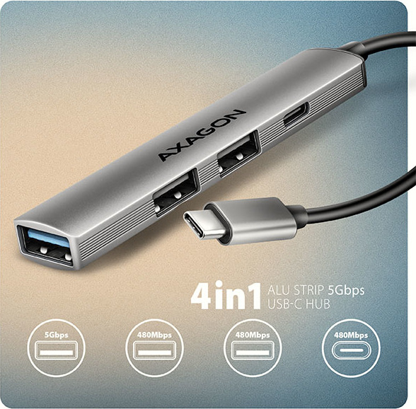 AXAGON HUE-STC, 4x USB ALU STRIP hub, 1x USB-A 5Gbps, 2x USB-A & 1x USB-C 480Mbps, kábel USB-C 12cm