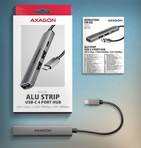 AXAGON HUE-STC, 4x USB ALU STRIP hub, 1x USB-A 5Gbps, 2x USB-A & 1x USB-C 480Mbps, kábel USB-C 12cm