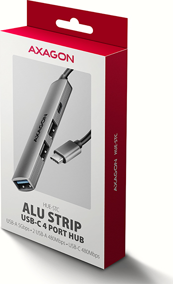 AXAGON HUE-STC, 4x USB ALU STRIP hub, 1x USB-A 5Gbps, 2x USB-A & 1x USB-C 480Mbps, kábel USB-C 12cm