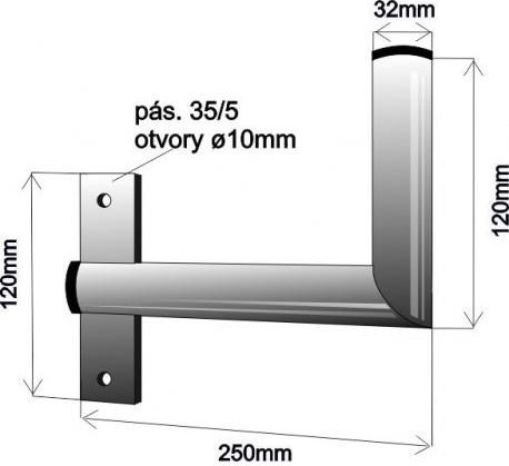 WFmetal Držák antény na zeď u okna s pásem, levé uchycení, galvanický zinek, délka 25cm, průměr 3,2cm
