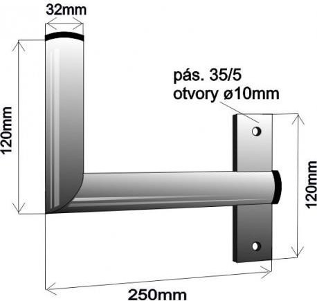 WFmetal Držák antény na zeď u okna s pásem, pravé uchycení, galvanický zinek, délka 25cm, průměr 3,2cm