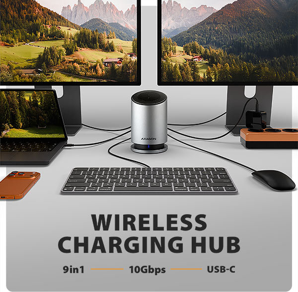 AXAGON HMC-WL9, USB 10Gbps hub s Qi, 3x USB-A, USB-C, HDMI & DP 4k/60Hz, RJ-45 GLAN, PD 100W, kábel USB-C 60cm