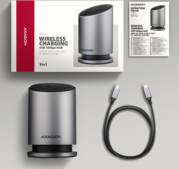 AXAGON HMC-WL9, USB 10Gbps hub s Qi, 3x USB-A, USB-C, HDMI & DP 4k/60Hz, RJ-45 GLAN, PD 100W, kábel USB-C 60cm