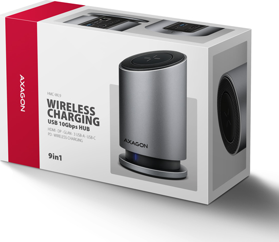 AXAGON HMC-WL9, USB 10Gbps hub s Qi, 3x USB-A, USB-C, HDMI & DP 4k/60Hz, RJ-45 GLAN, PD 100W, kábel USB-C 60cm