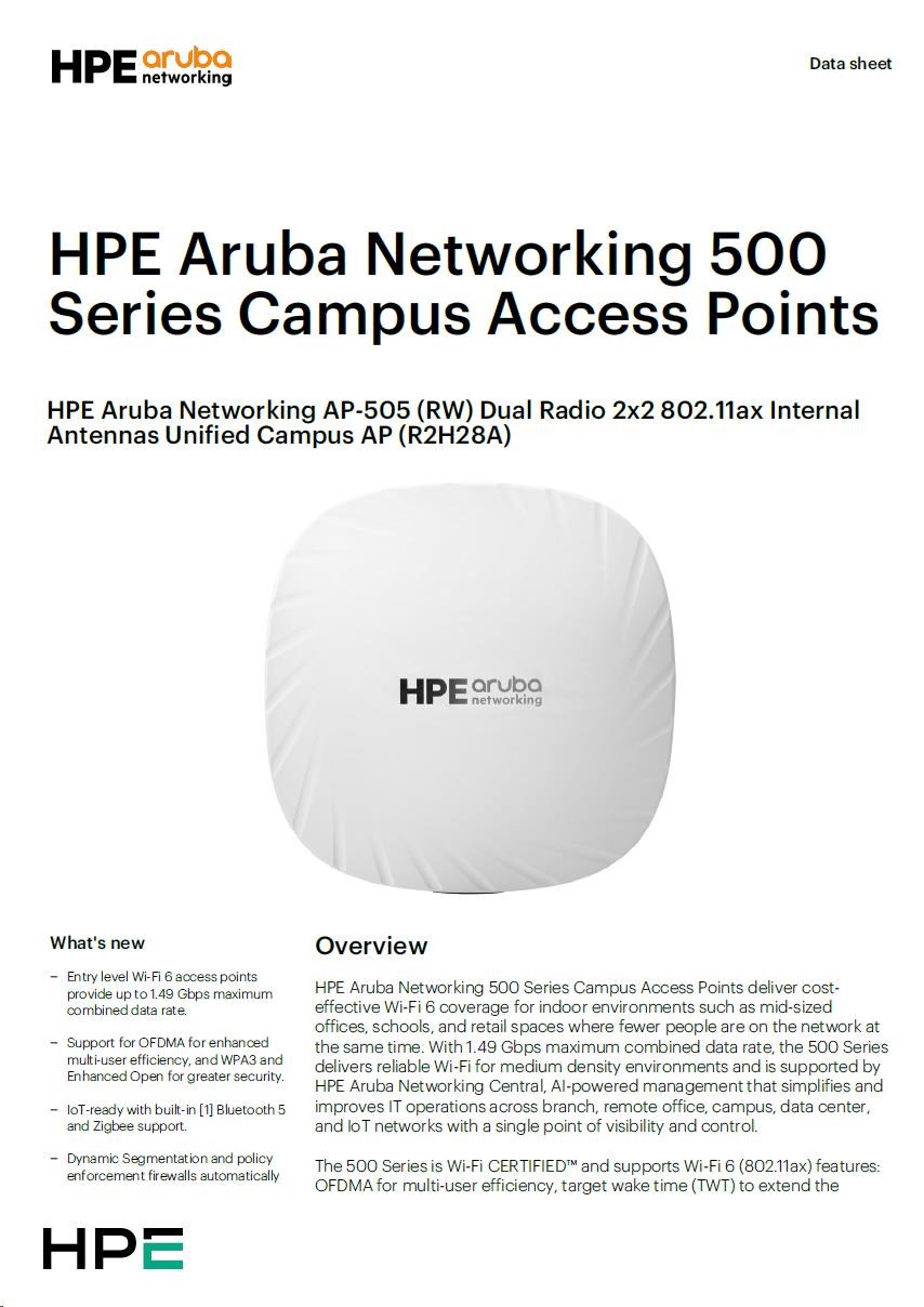 Hewlett Packard Enterprise 5 x HPE Aruba Networking AP-505 (RW) Dual Radio 2x2 802.11ax Internal Antennas Unified Campus AP ( 5 x R2H28A )