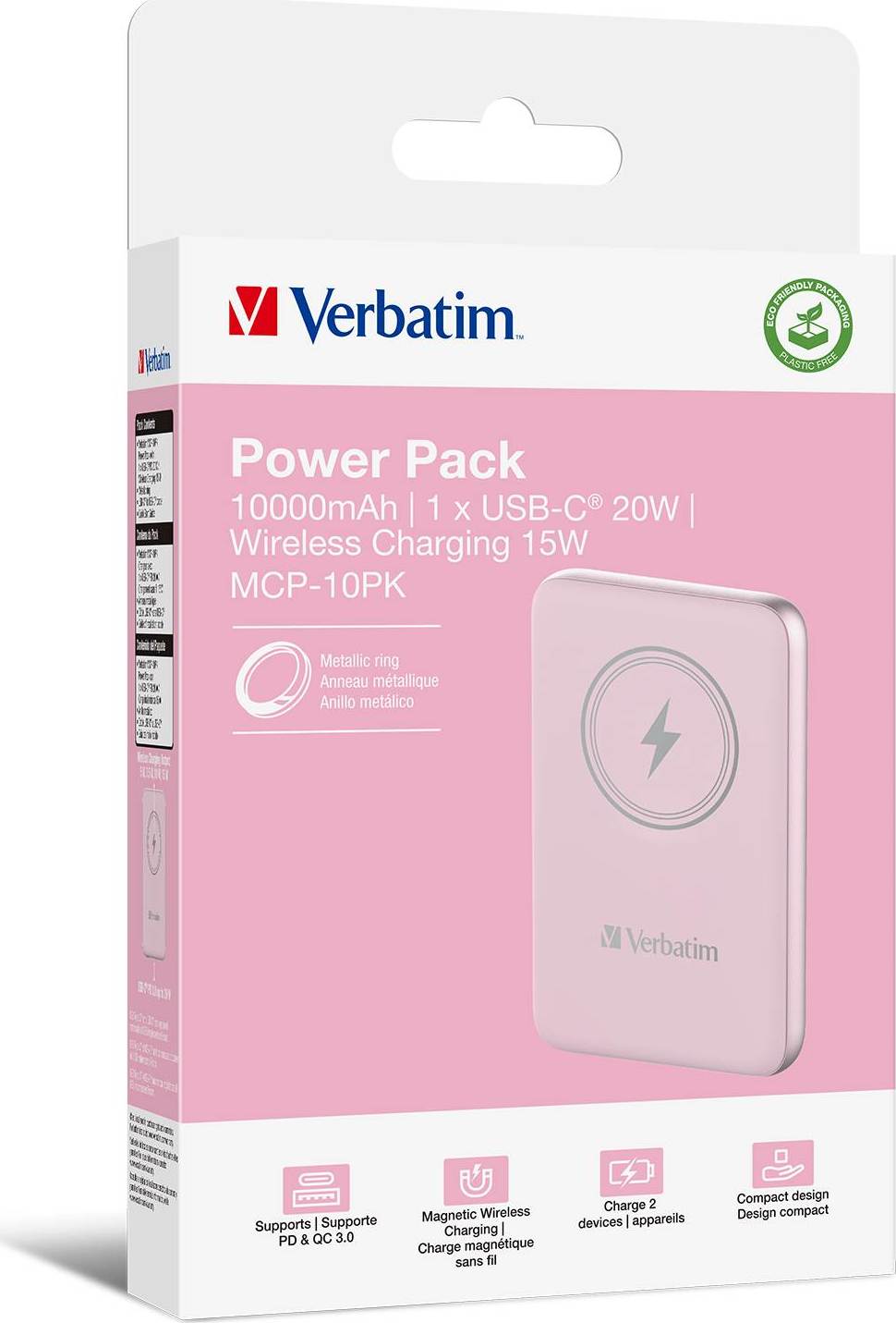 VERBATIM Powerbanka Charge 'n' Go, Magnetická, 10000 mAh, USB-C, Růžová