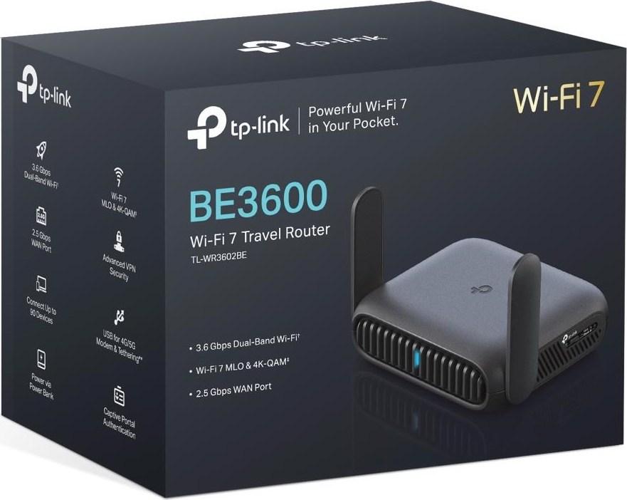 TP-Link TL-WR3602BE přenosný WiFi7 router (BE3600, 2,4GHz/5GHz, 1x2,5GbE WAN, 1xGbE LAN, 1xUSB3.0)