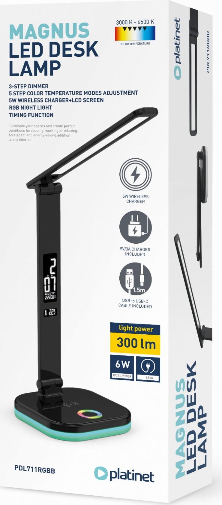 Fellowes Platinet PDL711RGBB stolní LED lampa stmívatelná, bezdrátové nabíjení, hodiny, černá