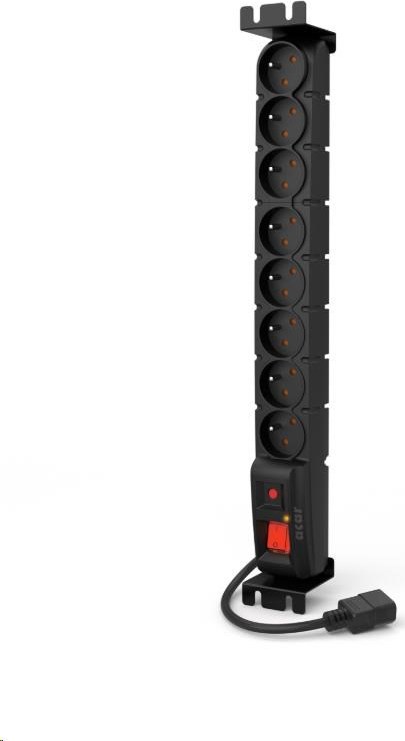 19" rozvodný panel ACAR 8x230V s IEC konektorem pro UPS, vypínač, indikátor napětí, přepěťová ochrana, kabel 1,5m