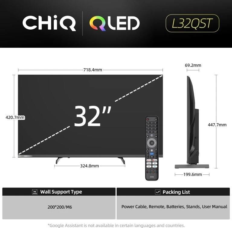 CHiQ L32QST TV 32", QLED, Full HD, Google TV, Frameless, Dolby Audio, dbx-tv, HDR 10