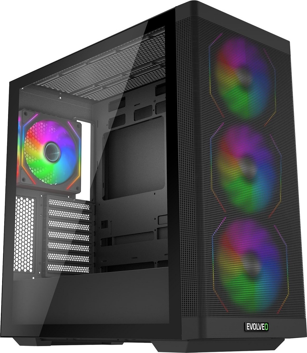 EVOLVEO Scorpio, skříň eATX/ATX, 4x ARGB ventilátor 120mm, boční panel temperované sklo + mřížkovaný přední panel