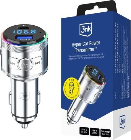 3mk Hyper Car Power Transmitter 48W QC PD PPS USB 1C1A Silver