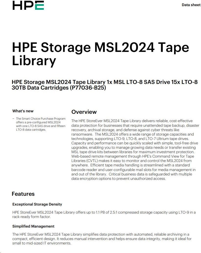 Hewlett Packard Enterprise HPE Storage MSL2024 Tape Library (MSL LTO8 SAS Drive + 15x Q2078A LTO8 30TB Data Cartridges + Q2015A BarCodeLabelPack)