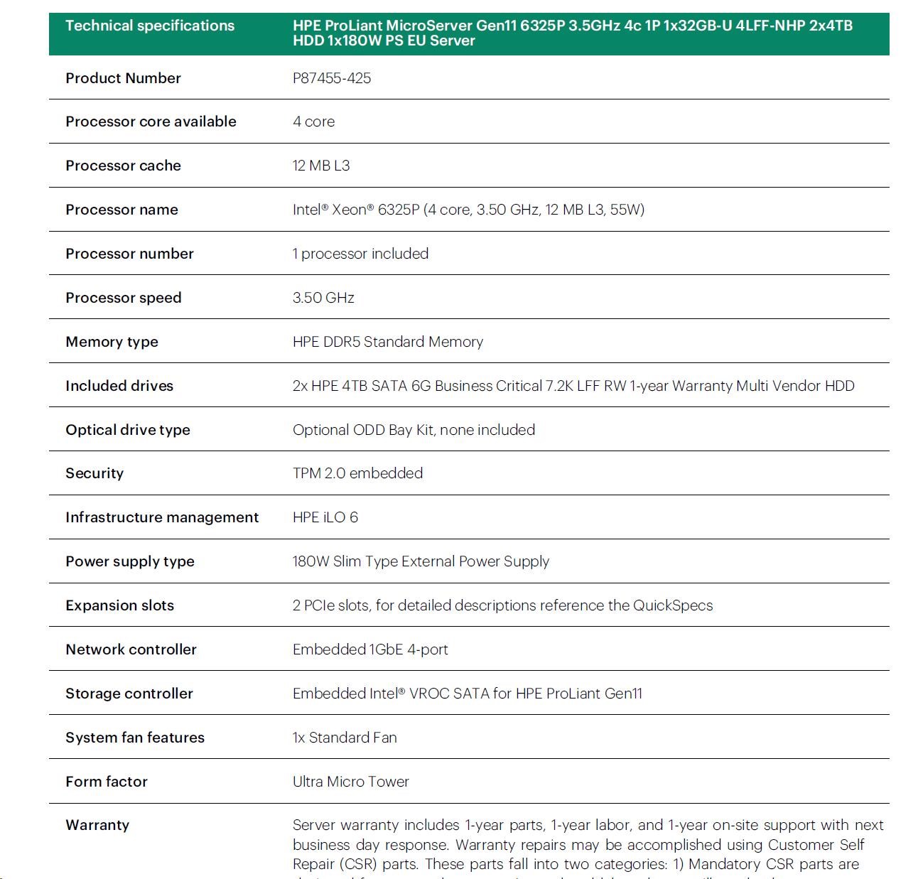Hewlett Packard Enterprise HPE PL MicroServer Gen11 6325P (3.5/4C) 1x32G 2x4TB SATA 4LFF/SFF-NHP VROC 4p1G iLoPort (P65741) NBD111 Smart Choice