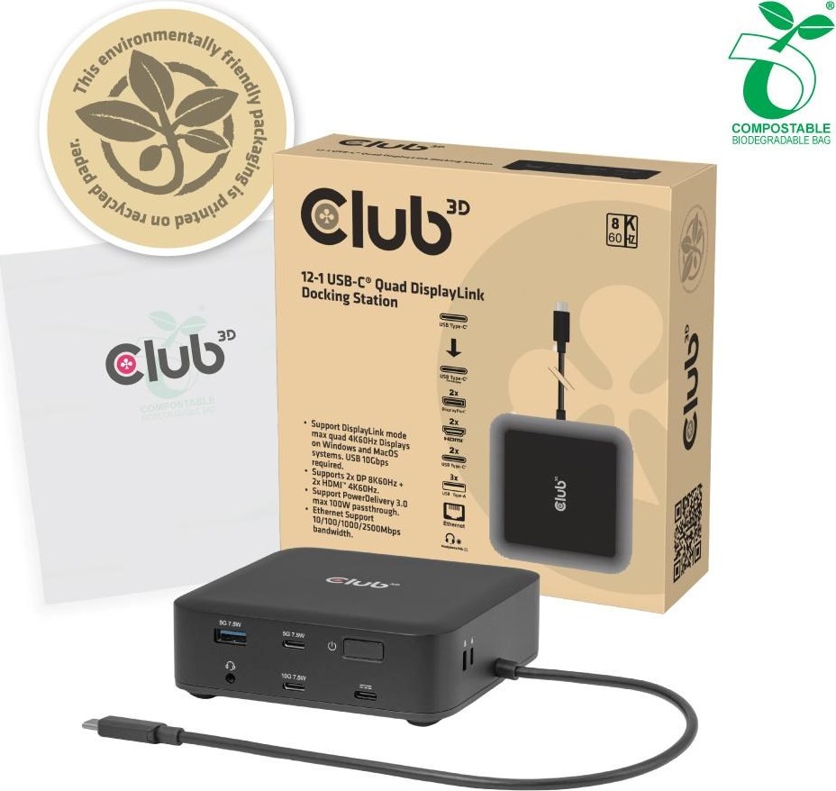 Club 3D Club3D Dokovací stanice USB-C 12v1, 2xHDMI, 2xDP, 2xUSB-C, 1xUSB-C PD, 3xUSB, 1xRJ45, 1x3.5mm, černá