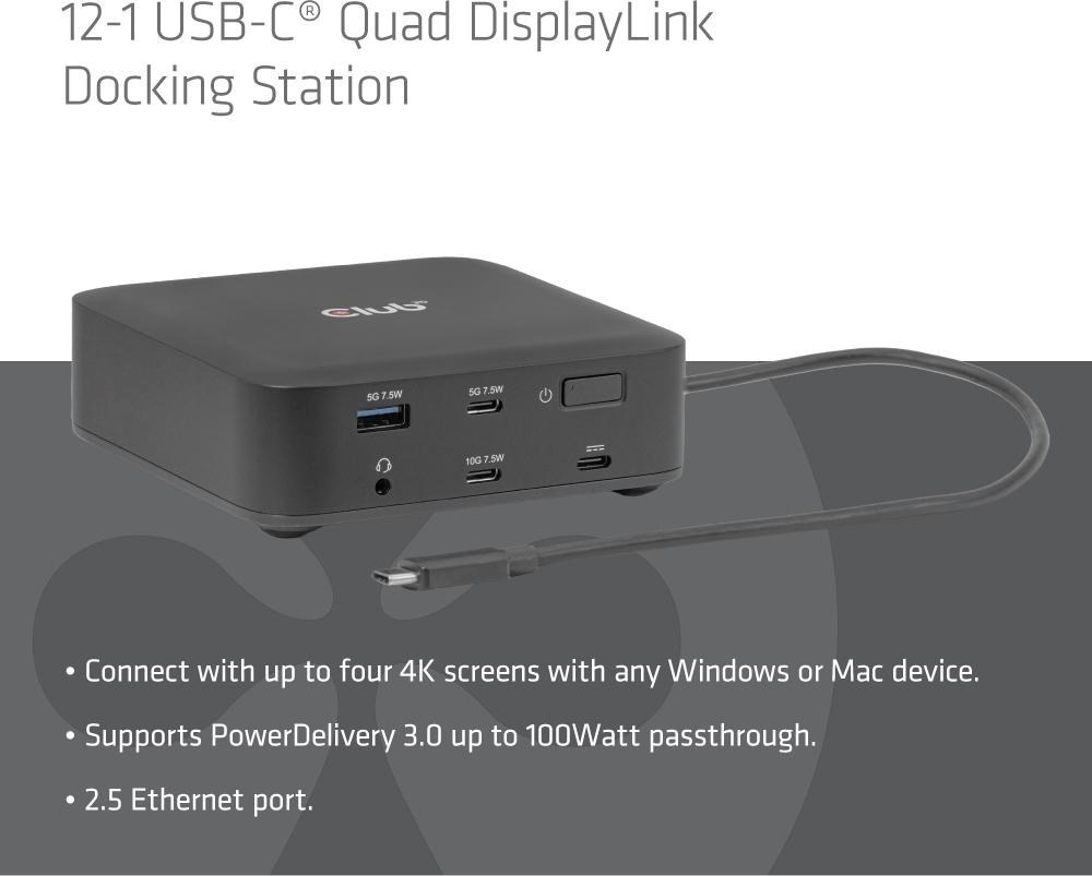 Club 3D Club3D Dokovací stanice USB-C 12v1, 2xHDMI, 2xDP, 2xUSB-C, 1xUSB-C PD, 3xUSB, 1xRJ45, 1x3.5mm, černá