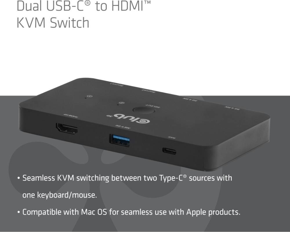 Club 3D Club3D KVM Switch, 2xUSB-C na HDMI, 4K60Hz, PD 100W