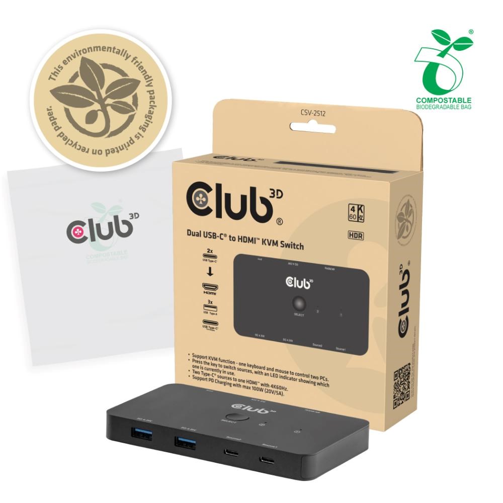 Club 3D Club3D KVM Switch, 2xUSB-C na HDMI, 4K60Hz, PD 100W