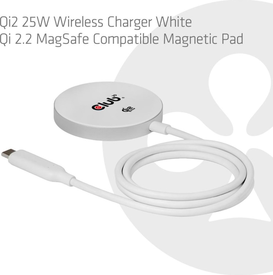 Club 3D Club3D Bezdrátová nabíječka, 1x Qi2 25W, MagSafe, Qi certifikováno, bílá