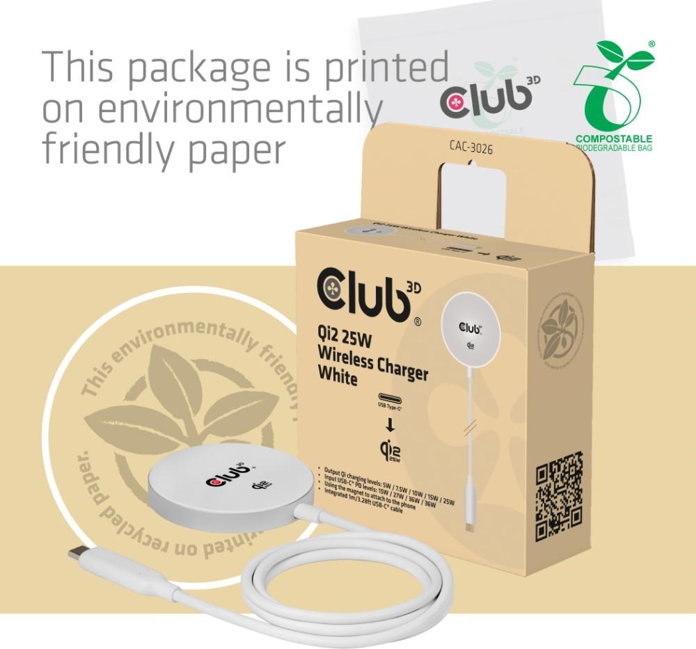 Club 3D Club3D Bezdrátová nabíječka, 1x Qi2 25W, MagSafe, Qi certifikováno, bílá