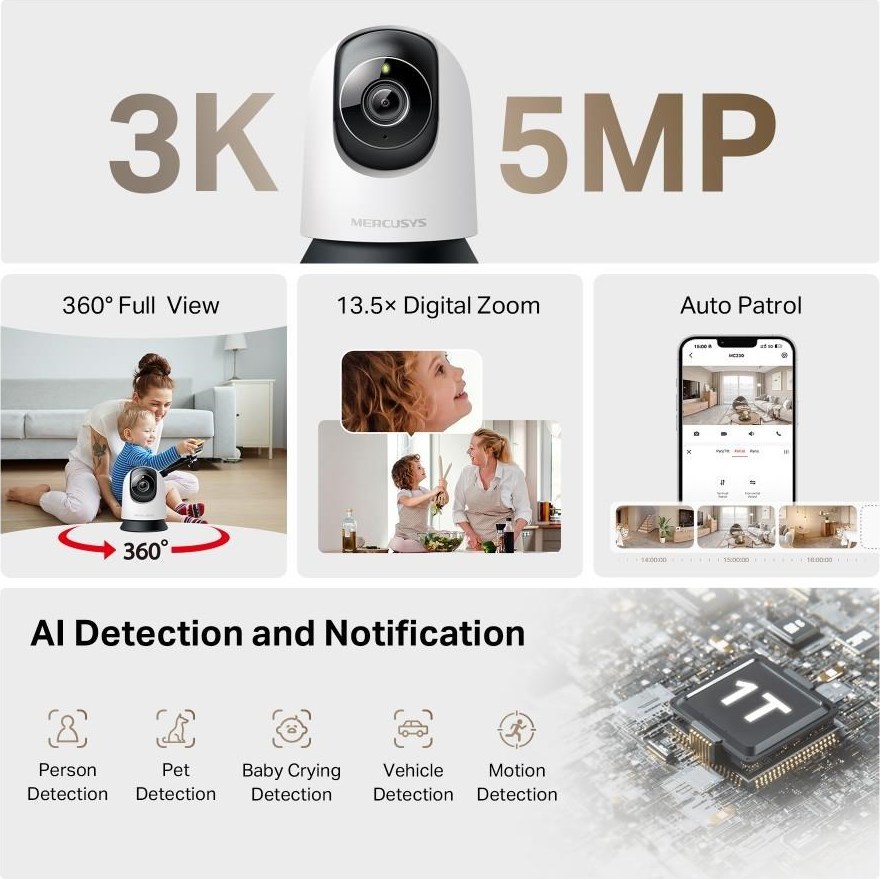 MERCUSYS MC230 domácí/indoor kamera (5MP, 3K, 1620p, IR 12m, WiFi, microSD)