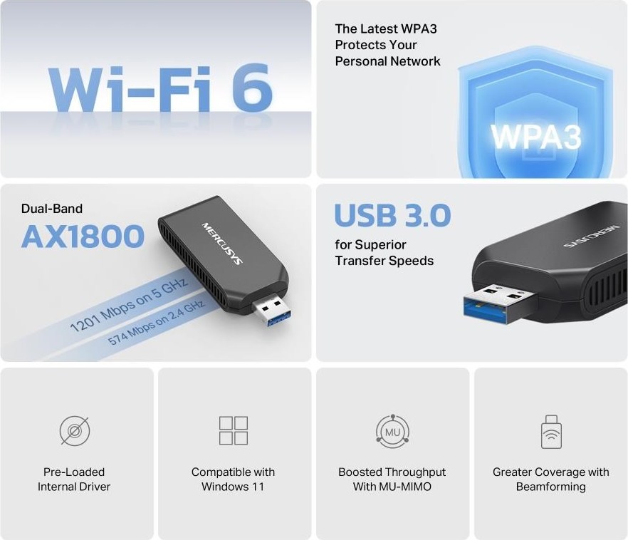 MERCUSYS MA70XM WiFi6 USB adapter (AX1800,2,4GHz/5GHz,USB3.0)