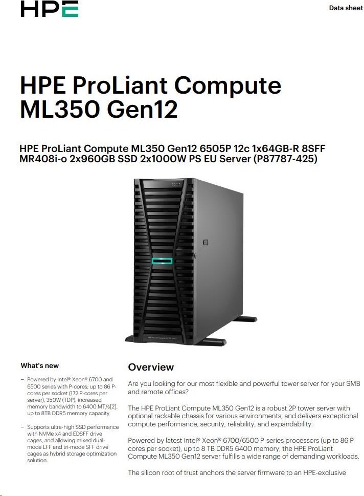 Hewlett Packard Enterprise HPE PL ML350g12 6505P (2.2/12C) 1x64G (P69728) 2x960G MR408i-o 8SFF 2x1000W 1GbE NBD333 Smart Choice