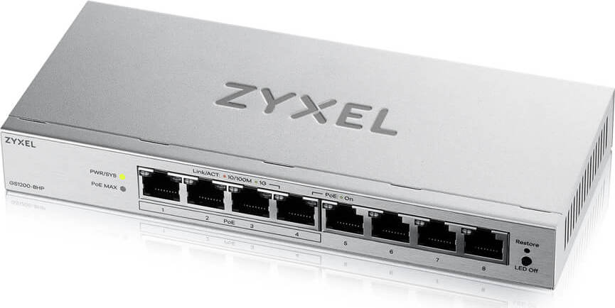 Zyxel GS1200-8HP 8-portový gigabitový webový inteligentný prepínač, 4x PoE 802.3at, PoE rozpočet 60W, bez ventilátora