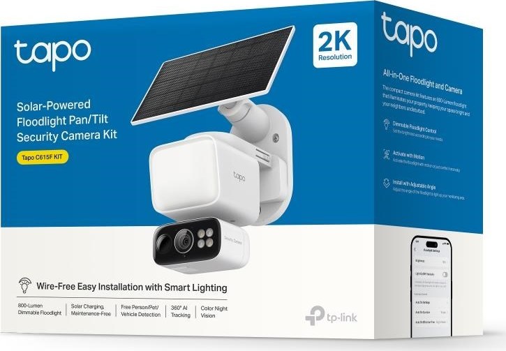 TP-Link Tapo C615F KIT venkovní kamera se světlometem, solární panel (3MP, 2K, 1296p, IR, WiFi, micro SD card, IP65)