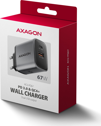 AXAGON ACU-PQ67 GaN nabíjačka do siete 67W, USB-A + USB-C, PD3.0/PPS/QC4+/SFC2.0/Apple