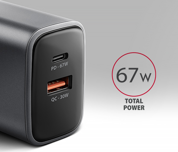 AXAGON ACU-PQ67 GaN nabíjačka do siete 67W, USB-A + USB-C, PD3.0/PPS/QC4+/SFC2.0/Apple