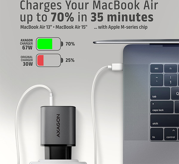 AXAGON ACU-PQ67 GaN nabíjačka do siete 67W, USB-A + USB-C, PD3.0/PPS/QC4+/SFC2.0/Apple