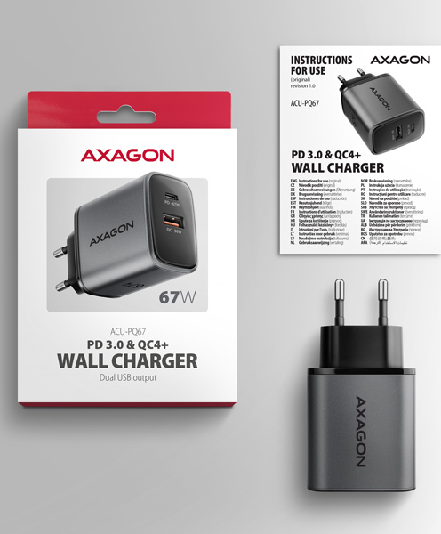 AXAGON ACU-PQ67 GaN nabíjačka do siete 67W, USB-A + USB-C, PD3.0/PPS/QC4+/SFC2.0/Apple