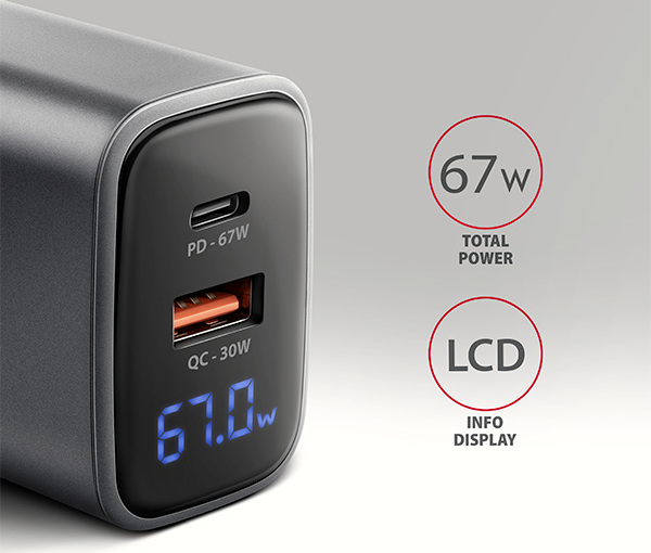 AXAGON ACU-PQ67D GaN nabíjačka do siete 67W, USB-A + USB-C, PD3.0/PPS/QC4+/SFC2.0/Apple, LCD display