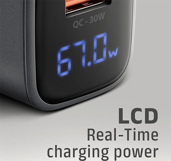 AXAGON ACU-PQ67D GaN nabíjačka do siete 67W, USB-A + USB-C, PD3.0/PPS/QC4+/SFC2.0/Apple, LCD display