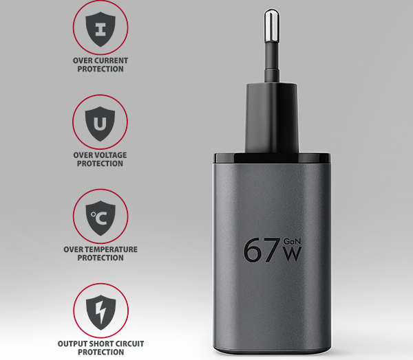 AXAGON ACU-PQ67D GaN nabíjačka do siete 67W, USB-A + USB-C, PD3.0/PPS/QC4+/SFC2.0/Apple, LCD display