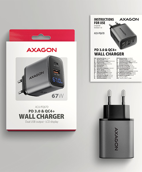 AXAGON ACU-PQ67D GaN nabíjačka do siete 67W, USB-A + USB-C, PD3.0/PPS/QC4+/SFC2.0/Apple, LCD display