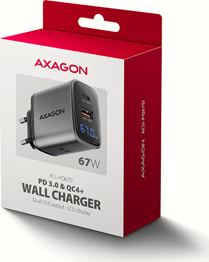 AXAGON ACU-PQ67D GaN nabíjačka do siete 67W, USB-A + USB-C, PD3.0/PPS/QC4+/SFC2.0/Apple, LCD display