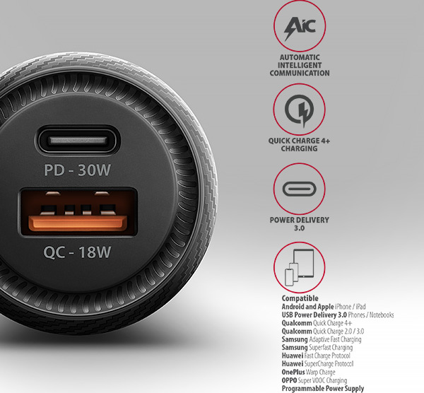AXAGON PWC-PQ48 nabíjačka do auta 48W, USB-A+USB-C, PD3.0/PPS/QC4+/SFC/Apple
