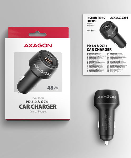AXAGON PWC-PQ48 nabíjačka do auta 48W, USB-A+USB-C, PD3.0/PPS/QC4+/SFC/Apple