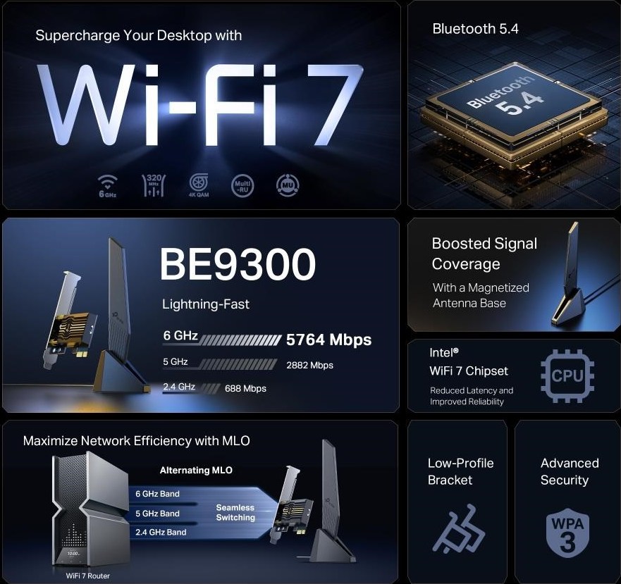 TP-Link Archer TBE553E WiFi7 PCIe adapter (BE9300,2,4GHz/5GHz/6GHz,Bluetooth5.4)